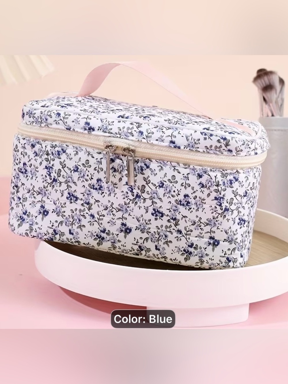 Blue Floral Women’s Cosmetic Bag - Lightweight Travel Pouch